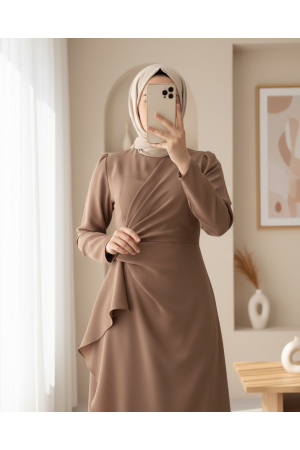 Asymmetrical Crepe Dress with Front Allery Skirt -Mink color
