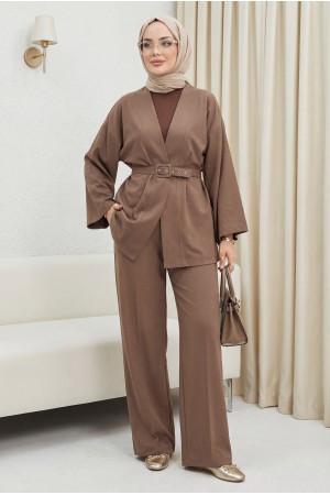 Kimono Set with Belt and Trousers  -Brown
