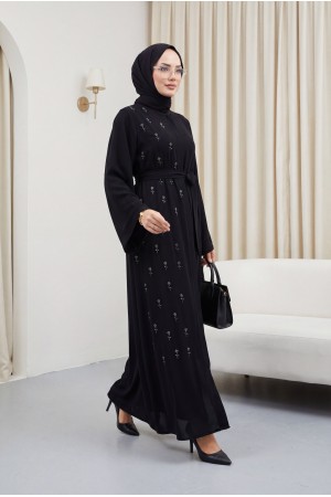 Kuşaklı Çiçek Taşlı Ferace Siyah HM2853