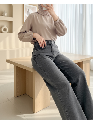 Çok Cepli Yüksek Bel Kot Pantolon  -Füme