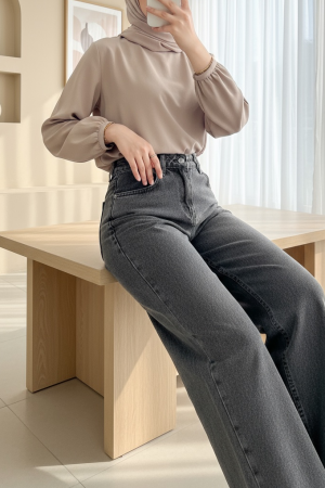 Çok Cepli Yüksek Bel Kot Pantolon  -Füme