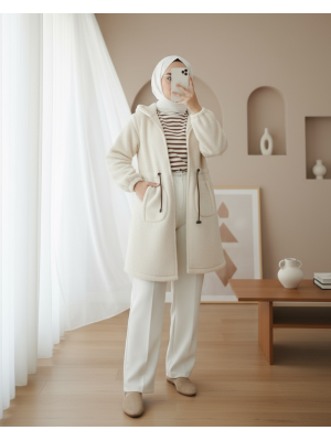 Beli Lastikli Kapşonlu Fermuarlı Peluş Mont -Ekru