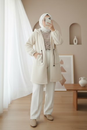 Elastic Waist Hooded Zippered Plush Coat -Ecru