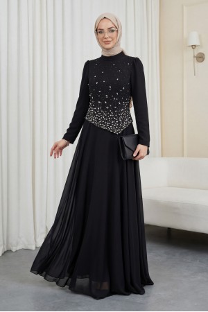 فستان سهرة من الشيفون بتصميم غير متماثل، مزين بأحجار متناثرة. -أسود
