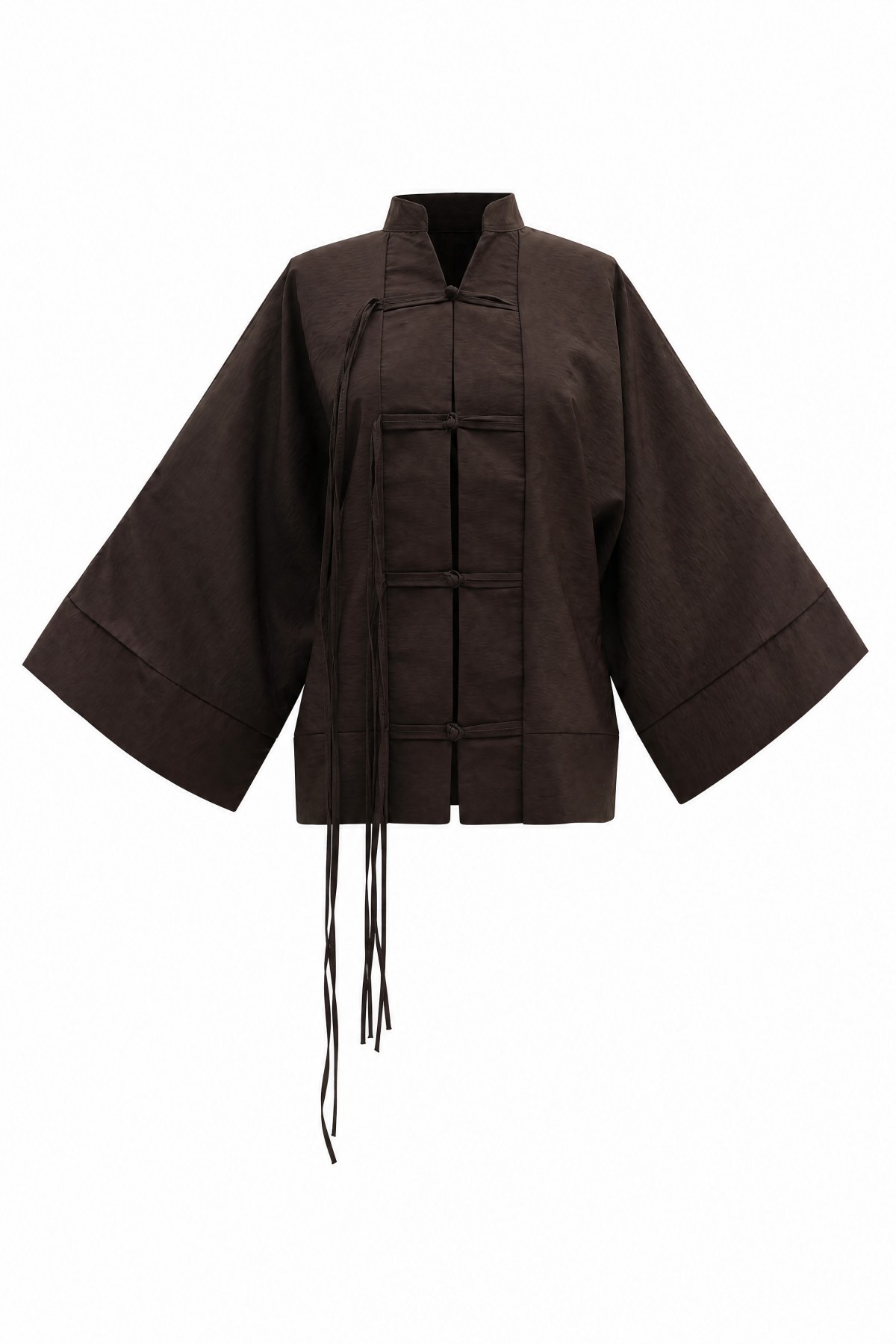 Chinese Knot Closure Mandarin Collar Parachute Kimono -Brown