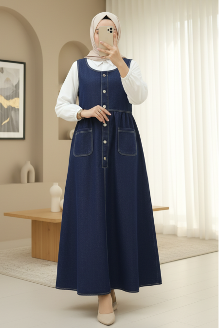 Yarım Düğmeli Çift Cepli Sıfır Kol Kot Jile -Laci