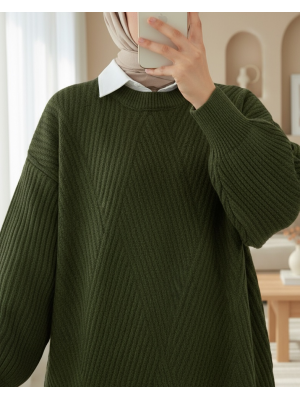 Bisiklet Yaka Baklava Desen Triko Kazak               -Haki