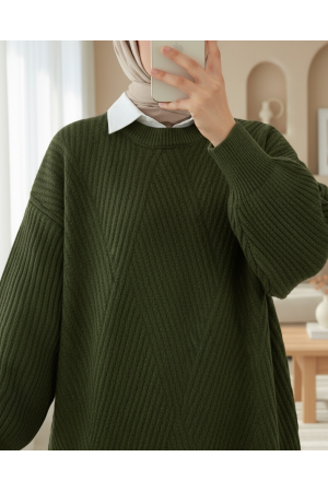 بلوزة تريكو نمط الماس رقبة دائرية               -خاكي