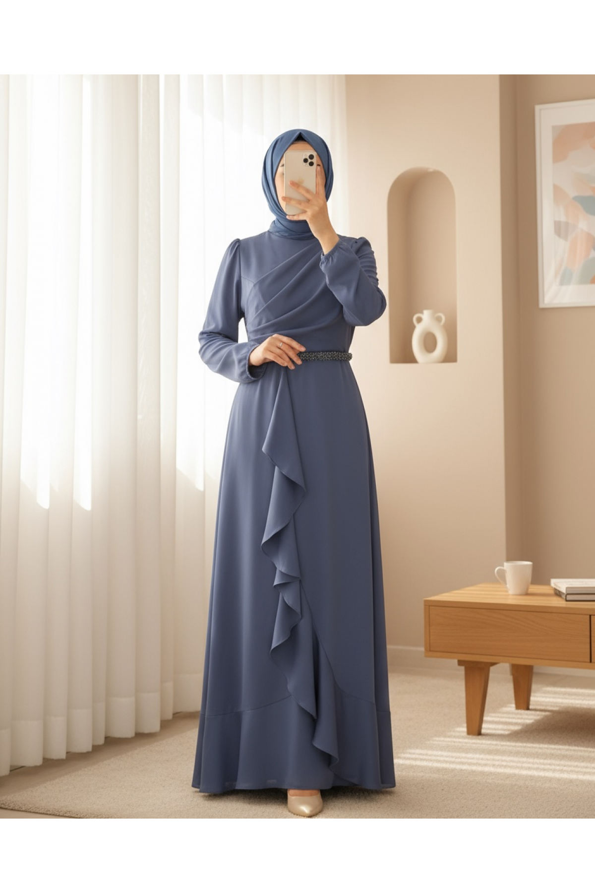 Frilly Skirt and Stone Waist Judge Collar Satin Evening Dress  -Blue