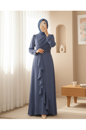 Frilly Skirt and Stone Waist Judge Collar Satin Evening Dress  -Blue