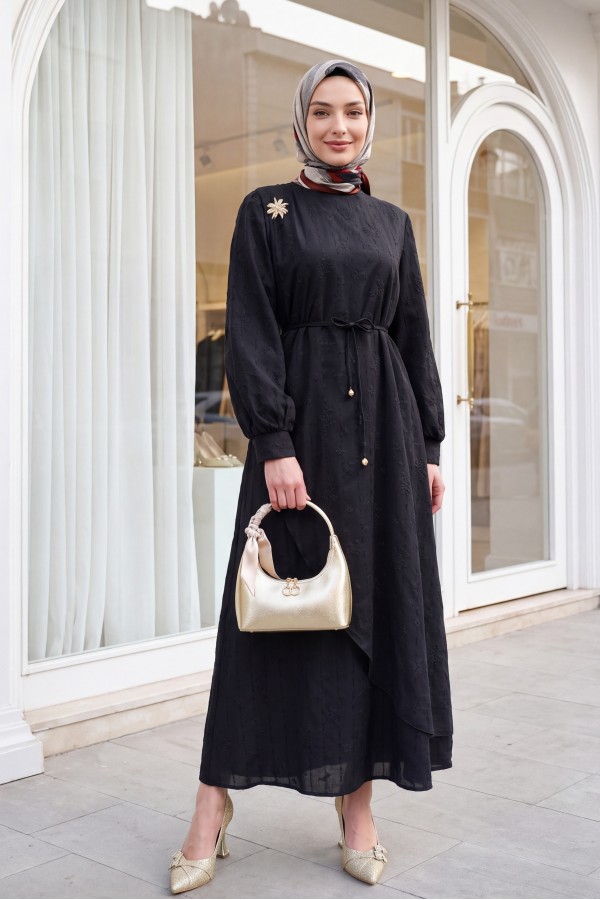 Double-layered front, belted brooch detail, lined linen dress. -Black