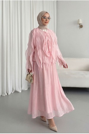 Önü Bağlamalı Fırfırlı Astarlı Asimetrik Kesim Cupra Takım  -Pudra pembesi