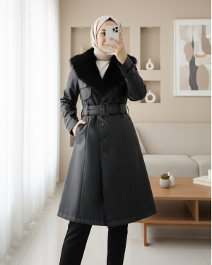 Çıkma Kürklü  Deri Mont -Black