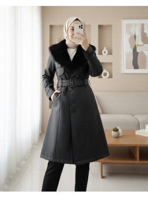 Çıkma Kürklü  Deri Mont -Siyah