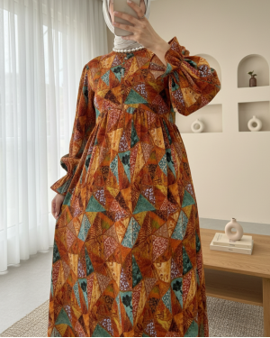 Half Buttoned Waist Tied Patterned Dress -Orange