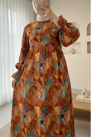 Yarım Düğmeli Beli Bağcıklı Desenli Elbise  -Turuncu