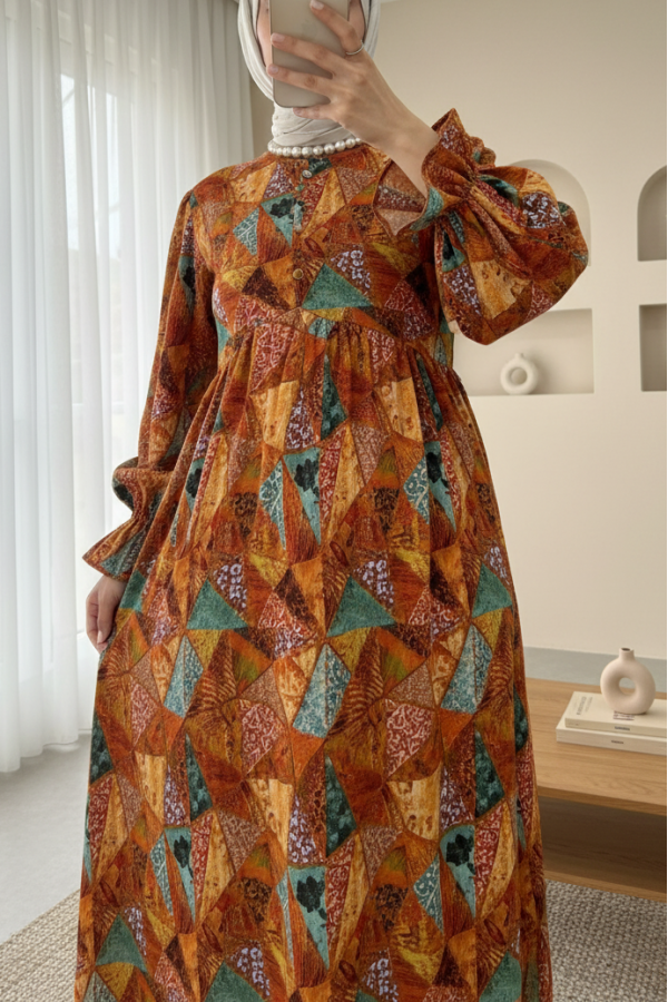 Half Buttoned Waist Tied Patterned Dress -Orange