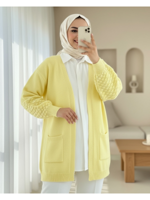 Çift Cepli Kolu Ponponlu Triko Hırka  -Açık Sarı