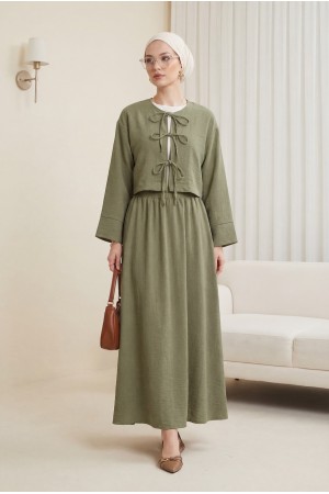 Önü Bağcıklı Beli Lastikli Etekli Keten Takım    -Haki