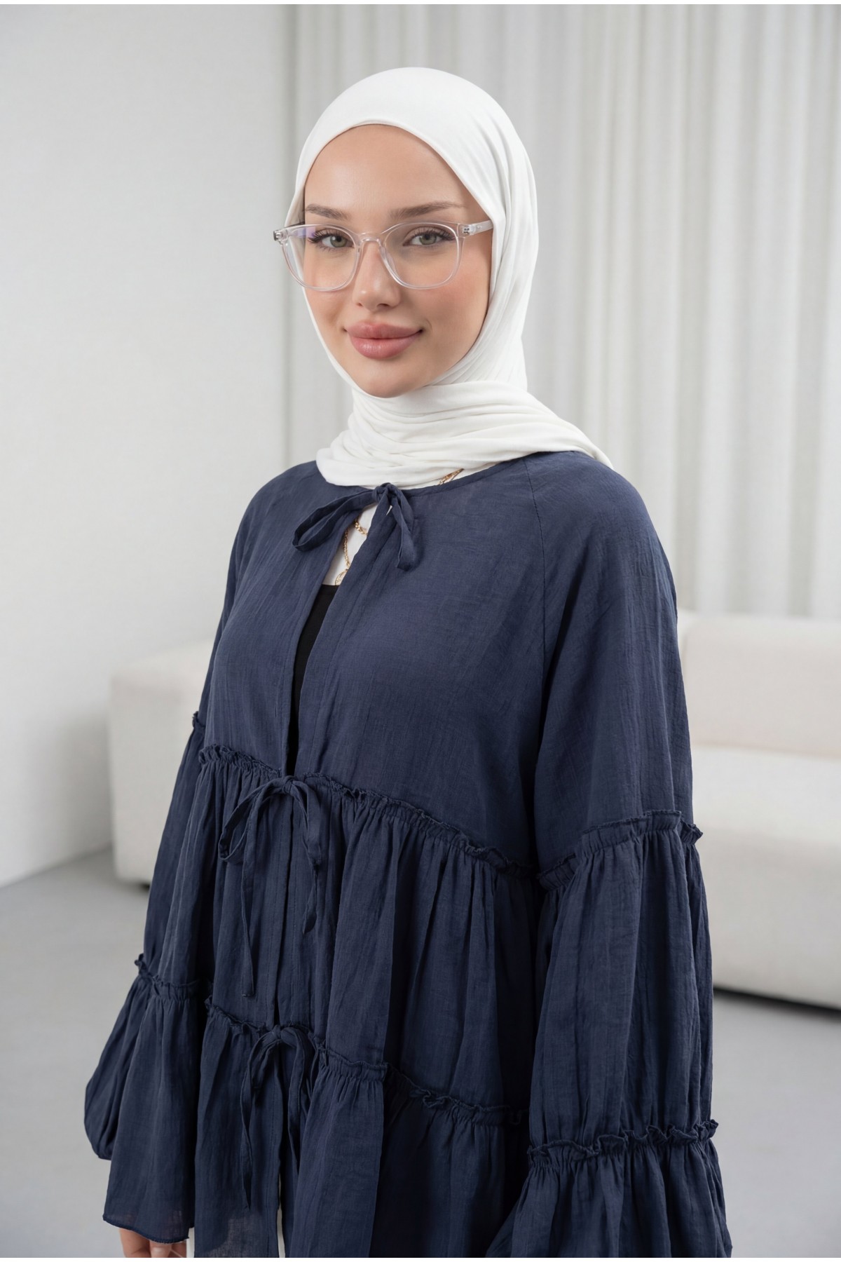 Layered Modal Kimono with Elasticated Sleeves and Tie Front -Navy blue