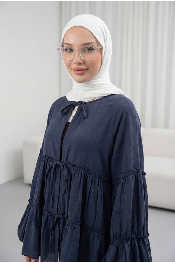 Kolu Lastikli Önü Bağlamalı Katlı Modal Kimono -Lacivert