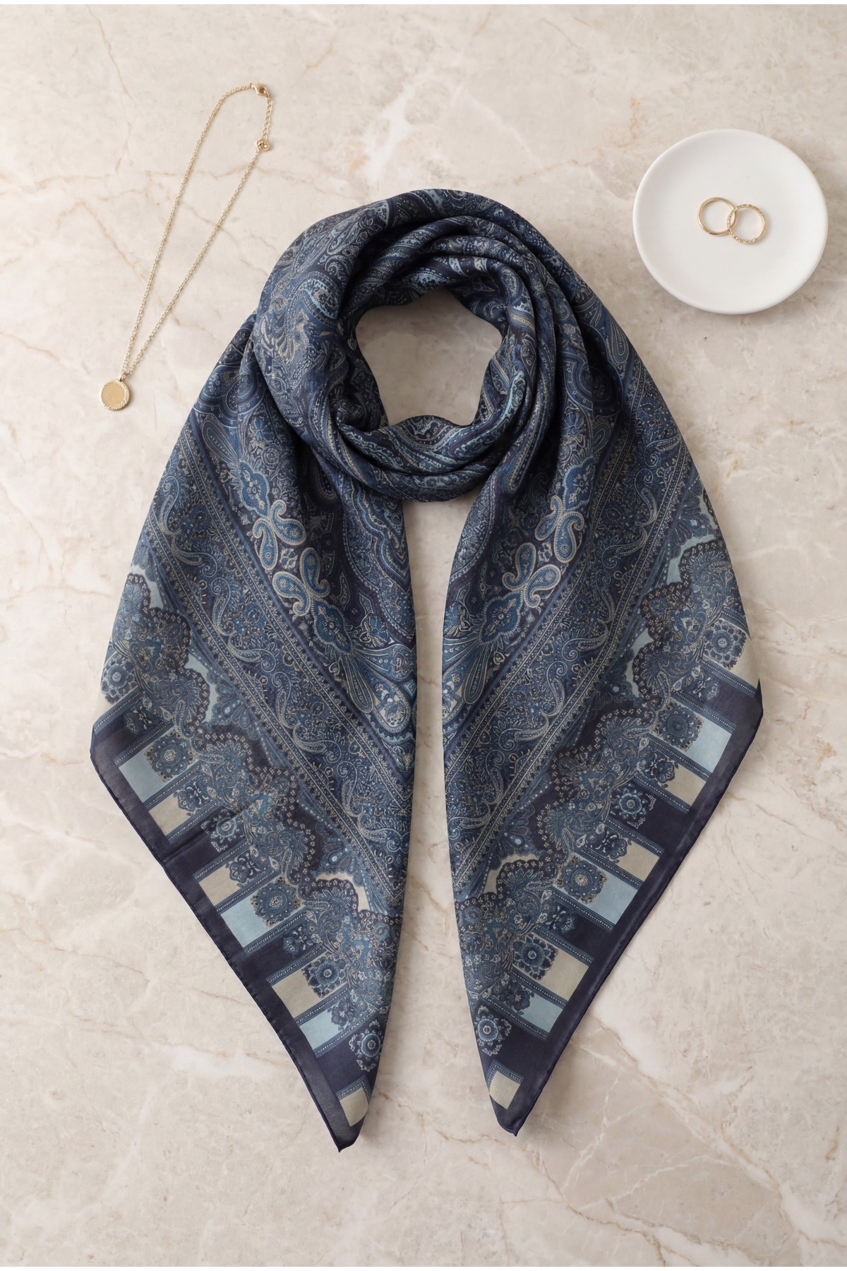 Authentic Patterned Cotton Scarf  -İndigo