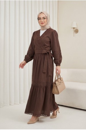 Dantel Detaylı Bağlamalı Kolu Lastikli Kraş Etekli Takım    -K. Kahve