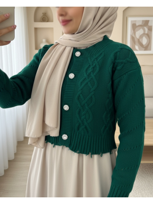 Taş Düğmeli Yırtıklı Krop Hırka -Zümrüt