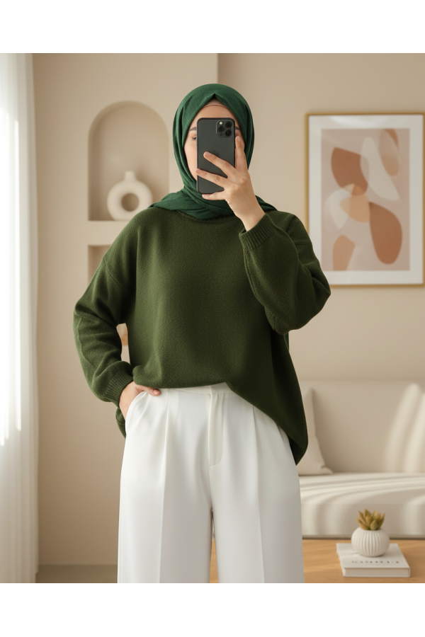 Round  Neck Loose Knit Sweater -Khaki