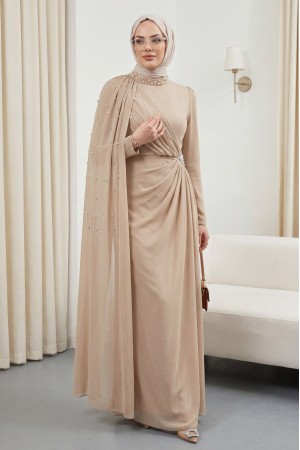 İnci Detaylı Tül Pelerinli Dik Yaka Abiye -Açık Vizon