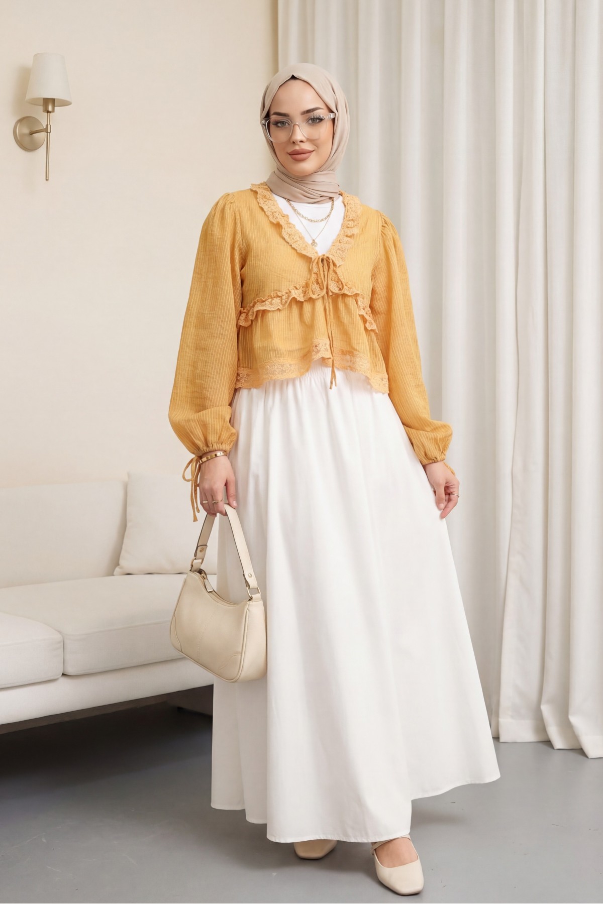 Ruffle Detail V-Neck Semi-Transparent Blouse -Orange