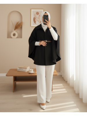 Omuzu Düğmeli Beli Kemerli Kaşe Panço -Siyah