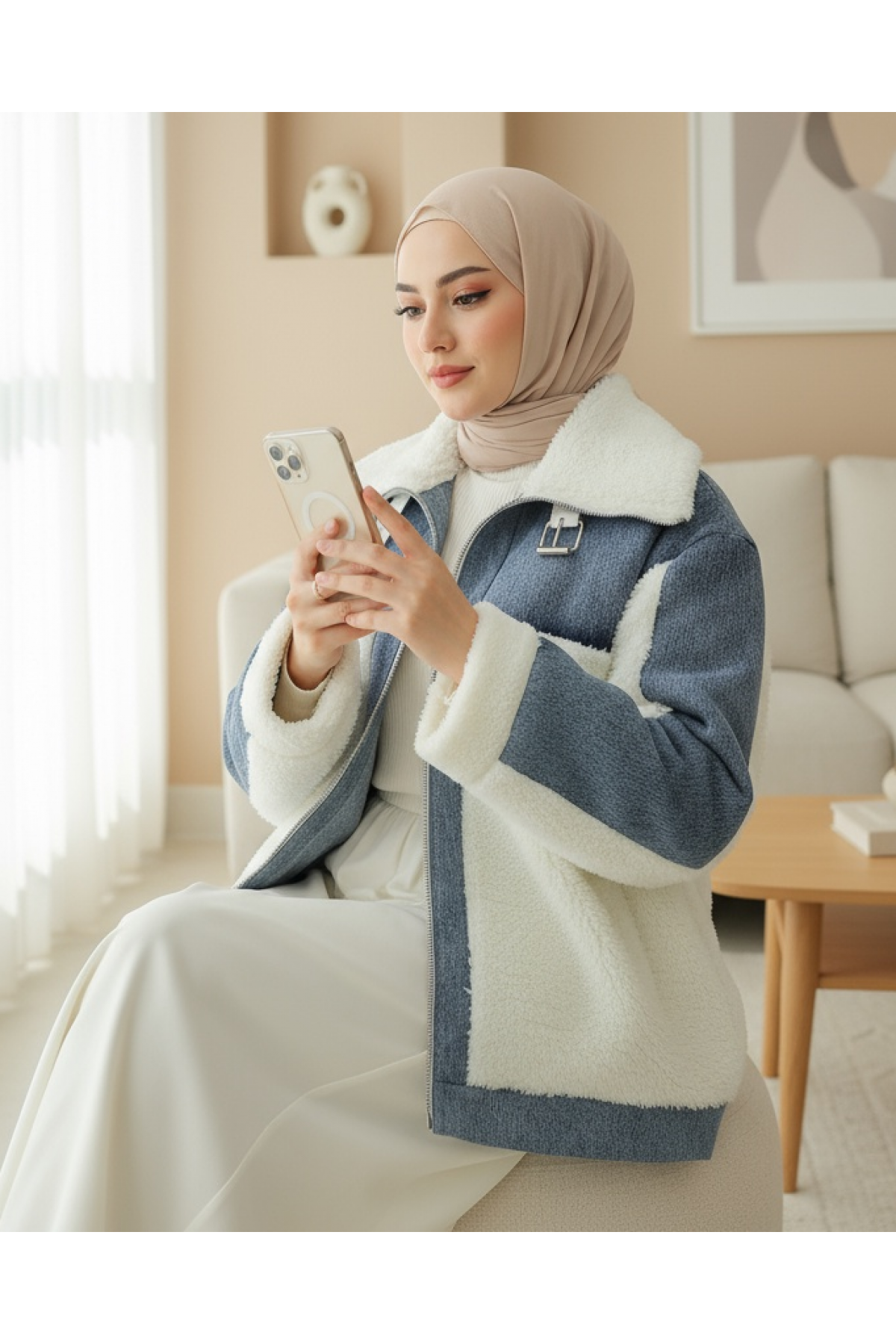 Denim Detailed Lined Plush Coat with Pockets -White