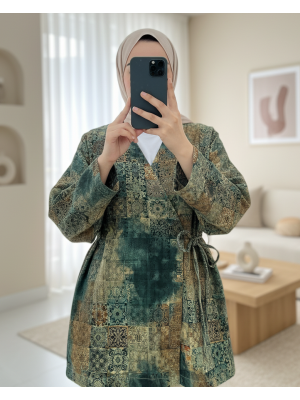 Beli Bağlamalı Cepli Desenli Astarlı Kapitone Kimono -Haki