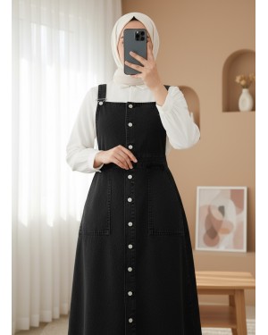 Button Down Double Pocket Jeans Loose  -Black