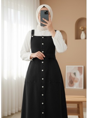 Button Down Double Pocket Jeans Loose  -Black