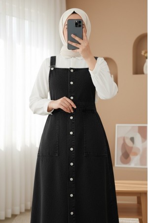 Boydan Düğmeli Çift Cepli Kot Salopet  -Siyah