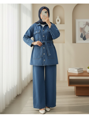 Beli Kemerli Cepli Önü Düğmeli Kot Takım -Mavi
