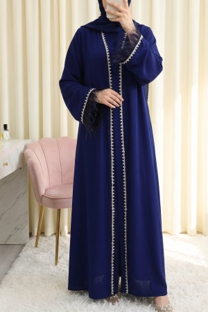 Kolu Tüylü Sıralı Taş Detaylı Kemerli Abaya -Saks