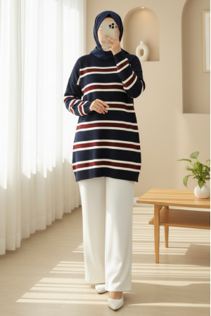 Renkli Çizgili Salaş Triko Tunik -Laci