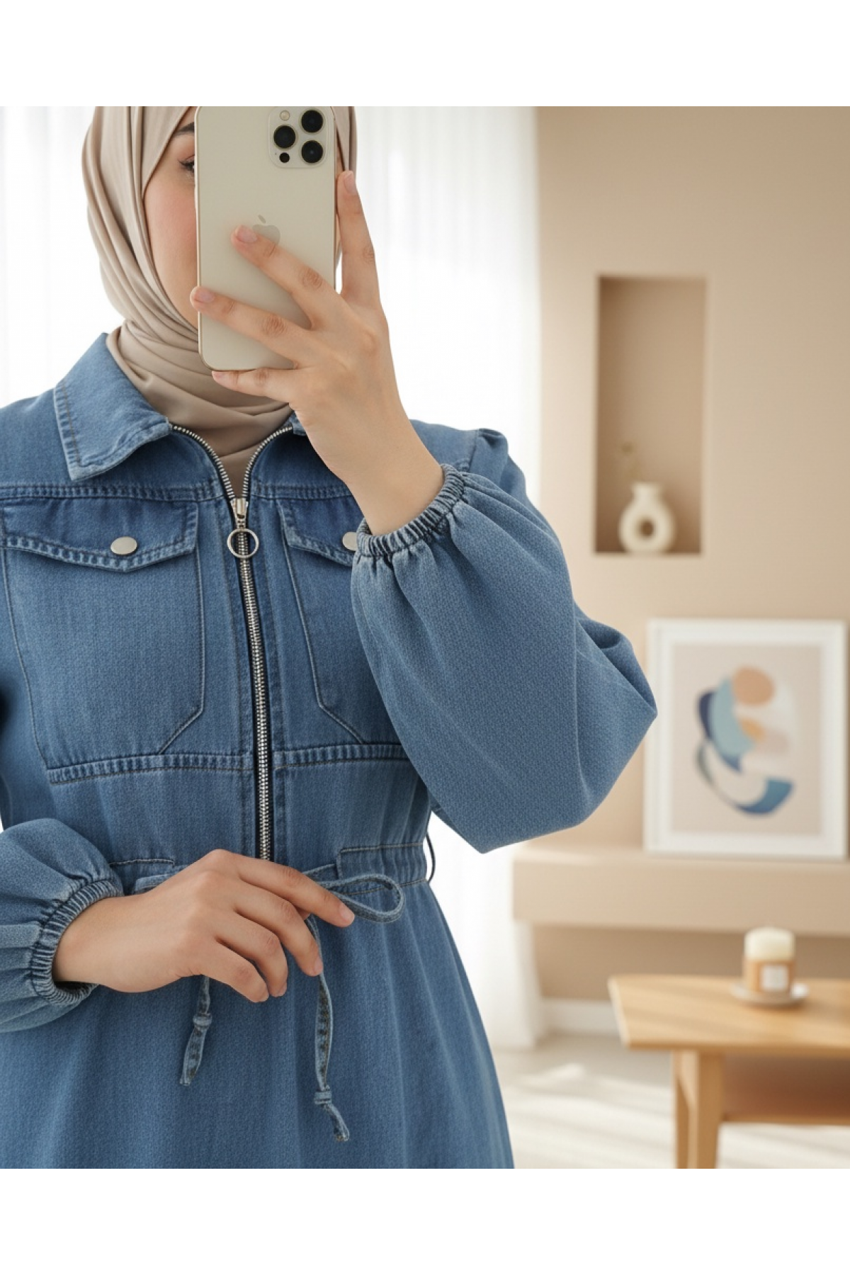 فستان جينز بأكمام مرنة، خصر نفق برباط، جيب -أزرق