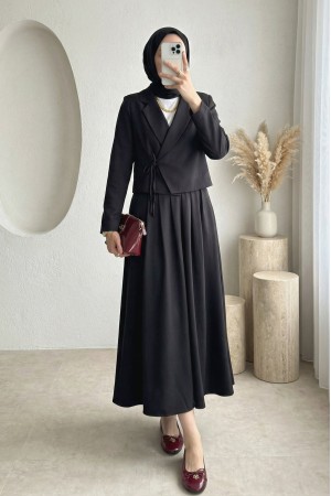 Önü Bağlamalı Etek Ceket İkili Takım -Siyah