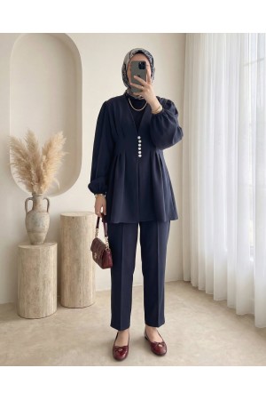 Taşlı Düğmeli Kolu Lastikli Double Pantolonlu Takım  -Laci