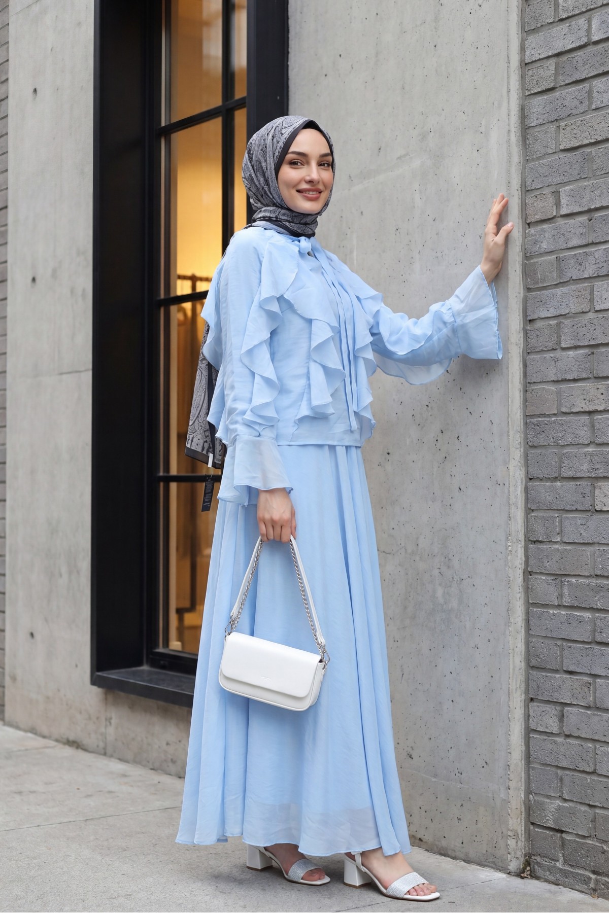 Lace-up Neckline, Ruffled Front, Lined Tulle Modal Set -Baby Blue