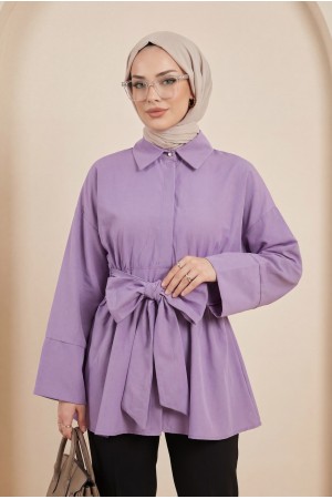 تونيك من قماش البوبلين مع حزام خصر وحزام مخفي -أرجواني