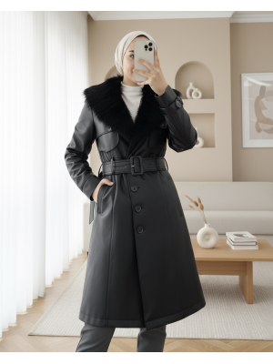 Çıkma Kürklü  Deri Mont -Siyah
