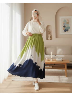 8025 Desenli Uzun Viskon Etek - Yeşil