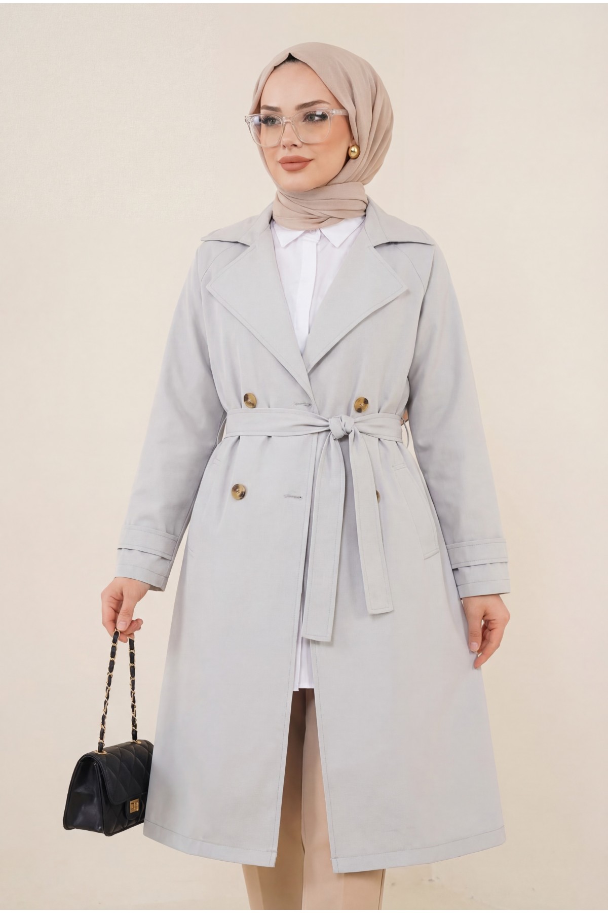 Bolero Detail Belted Trench Coat - Light grey