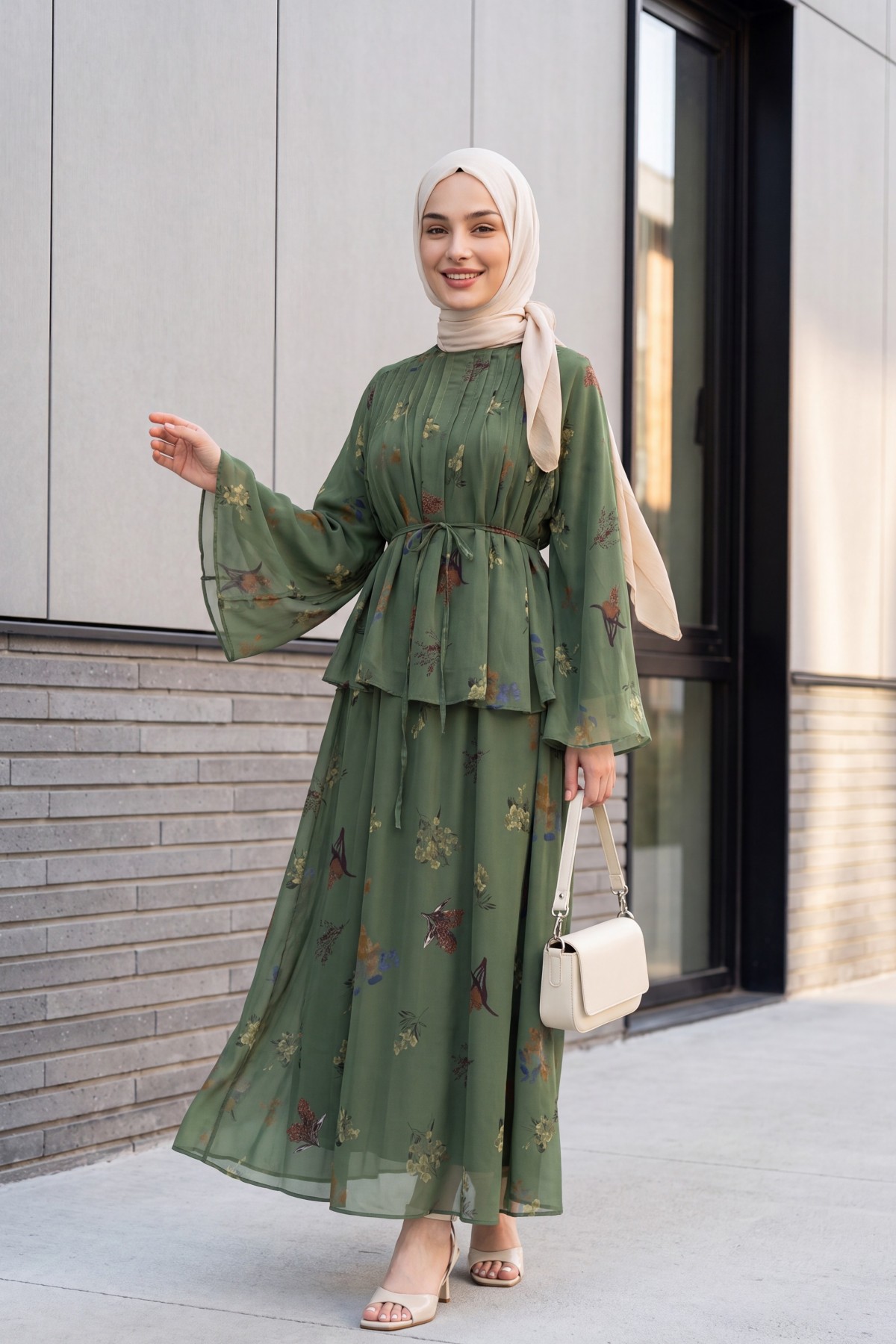 Spanish-style chiffon set with lined sleeves, belt, and floral skirt. -Khaki