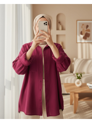 Kadın Tek Cepli Oversize Müslin Gömlek 20353 - Mürdüm